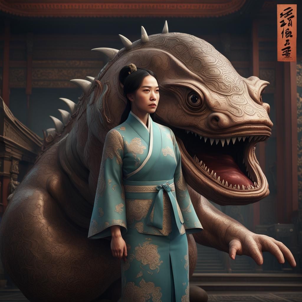 Kim Yo Jong vs Dunkleosteus in Detailed Matte Painting