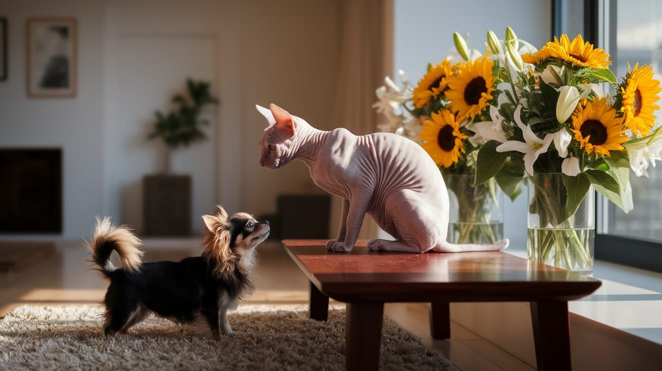 Sphynx Cat's Disdain for Barking Chihuahua in Sunny Home