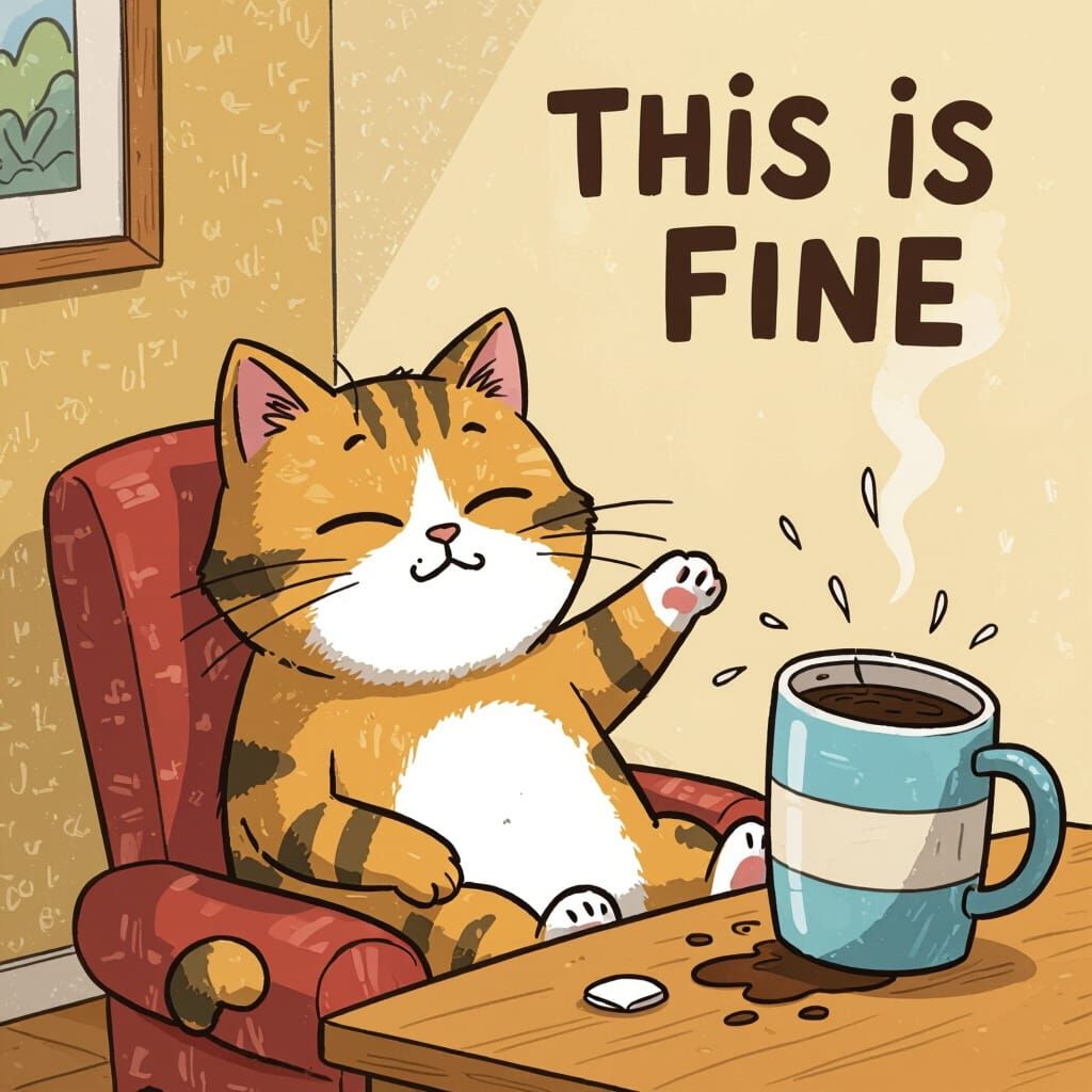 Humorous Cartoon Cat Knocking Over Coffee