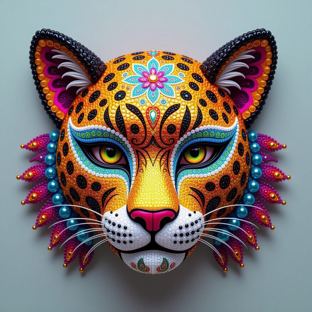 Huichol-Inspired Jaguar Mask with Psychedelic Patterns