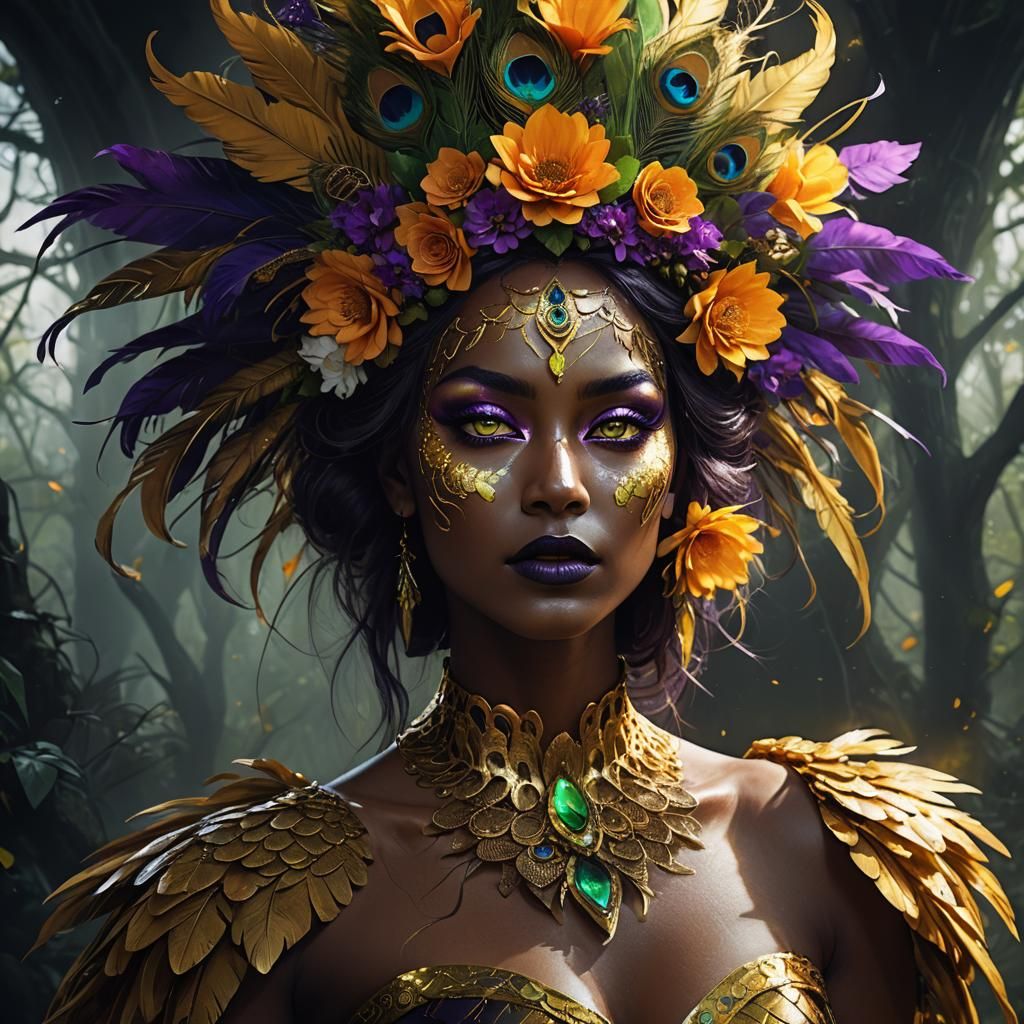 Gold-Skinned Woman with Peacock Feathers, Dark Fantasy Art