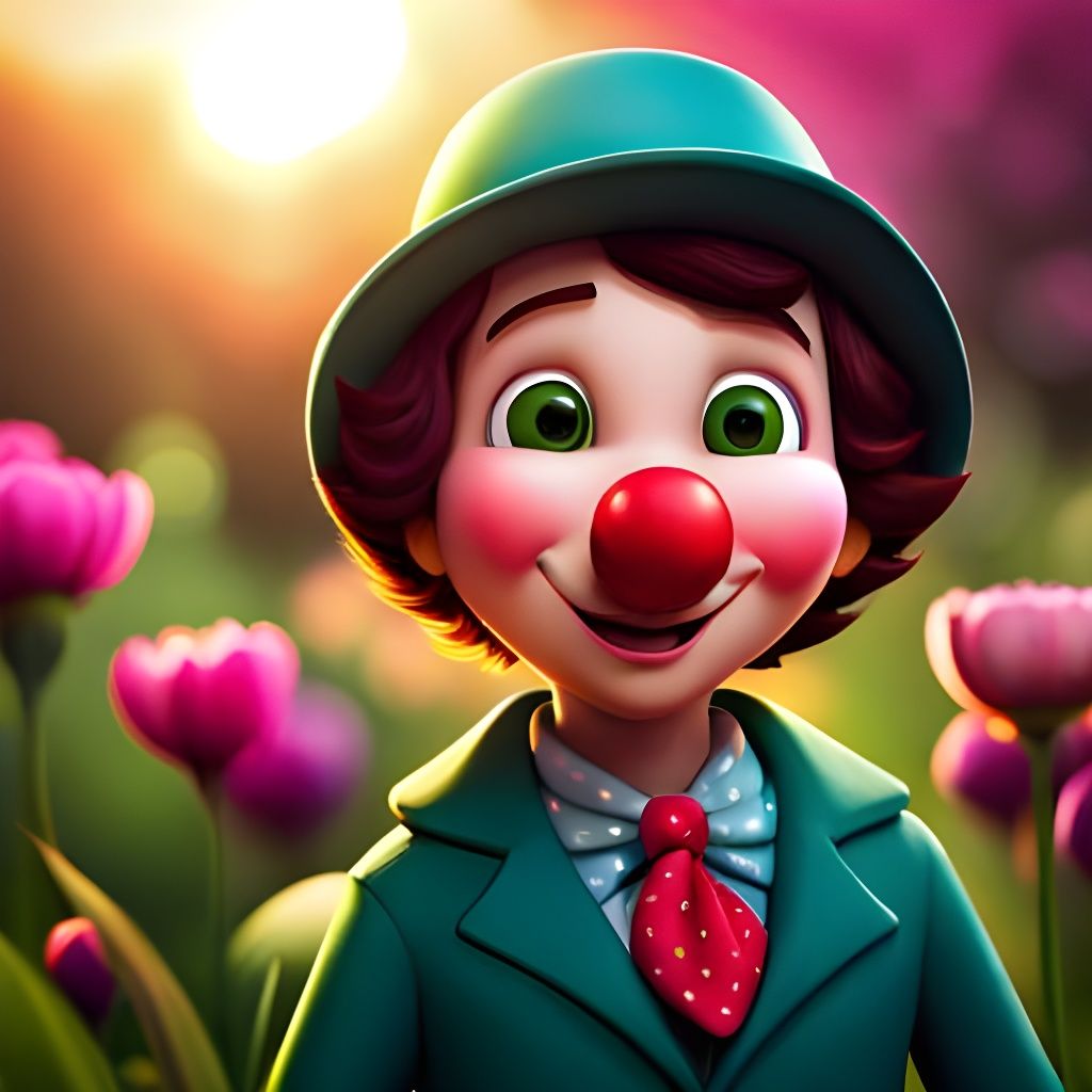 Adorable Cartoon Clown in Garden, 3D Digital Art