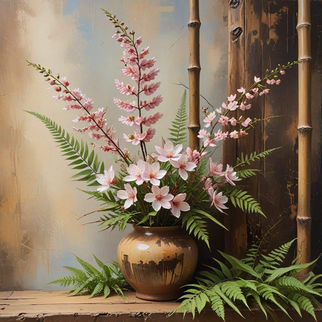 Ikebana Still Life in Impressionist Oil Painting Style