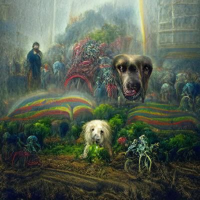 Post-Apocalyptic Rainbow Dog Park in Ethereal Fantasy Style