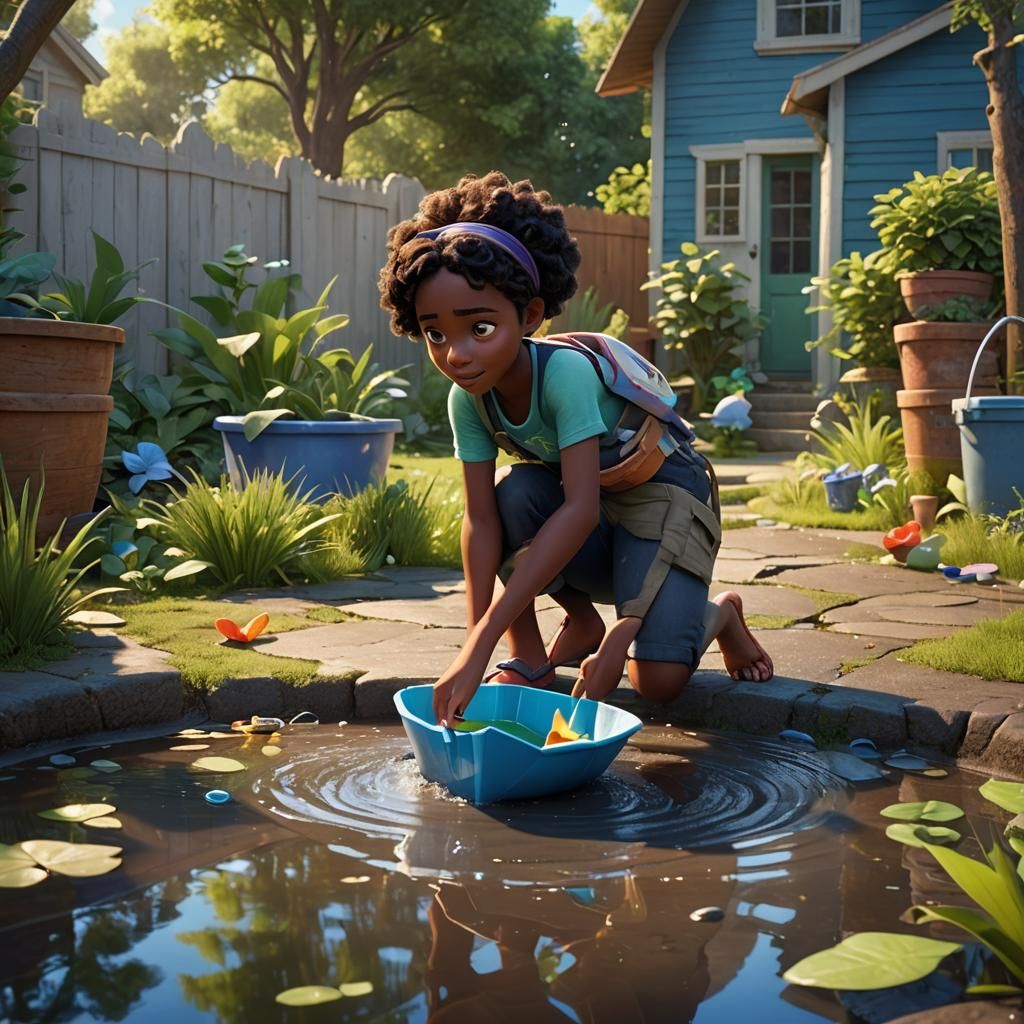 Black Girl Playing with Paper Boat: Pixar-Style 3D Art