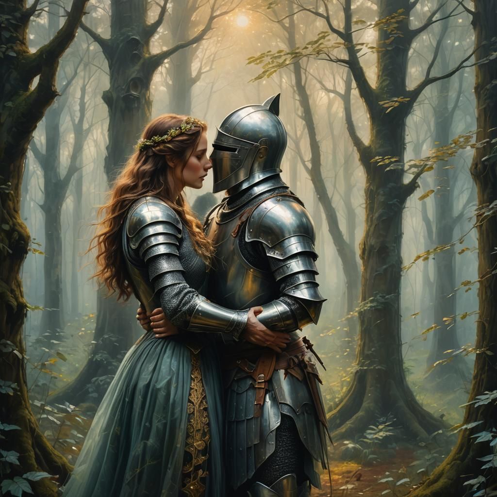 Knight and Wife in Ethereal Forest Painting