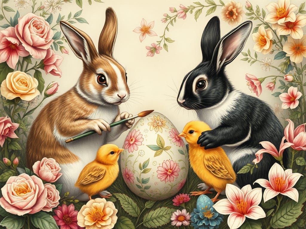 Rabbits and Chicks Painting Easter Eggs in Mucha Style