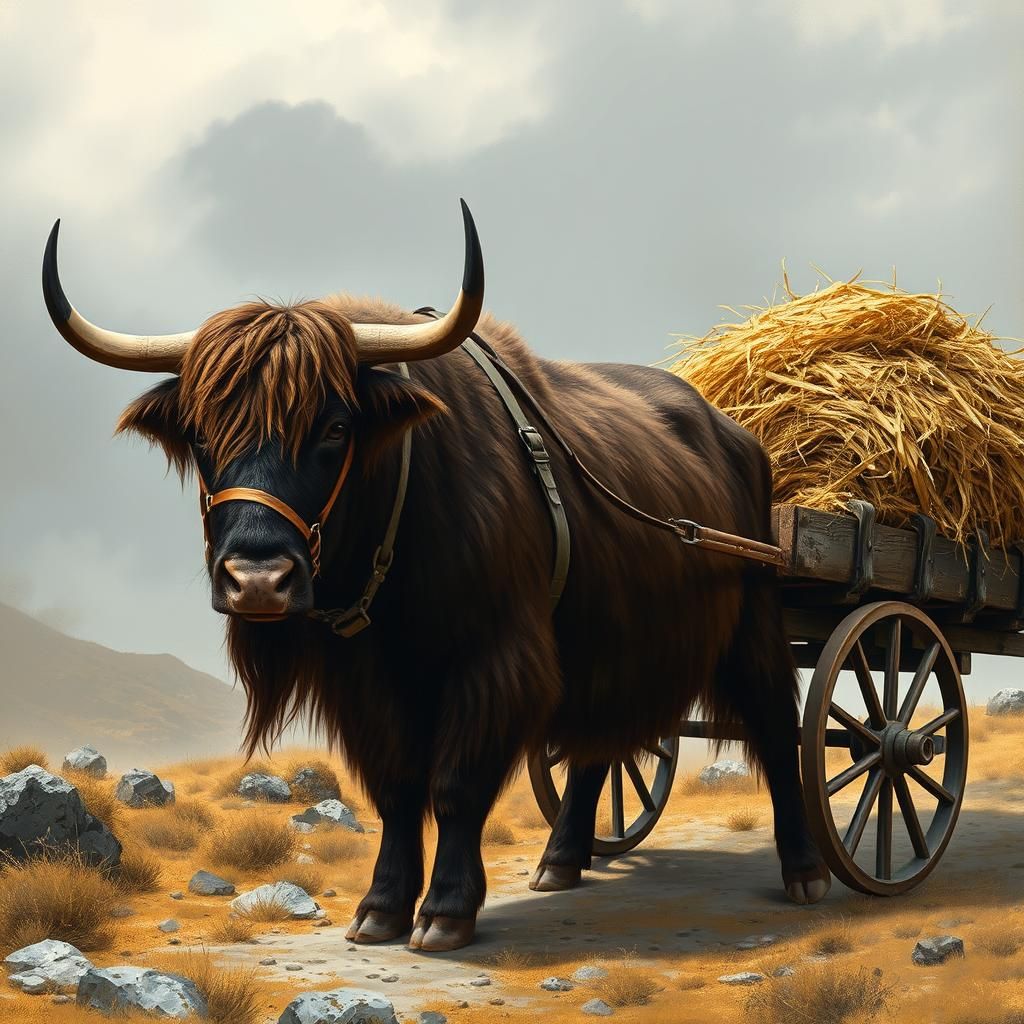 Yak Pulling Hay Cart in Impressionist Style