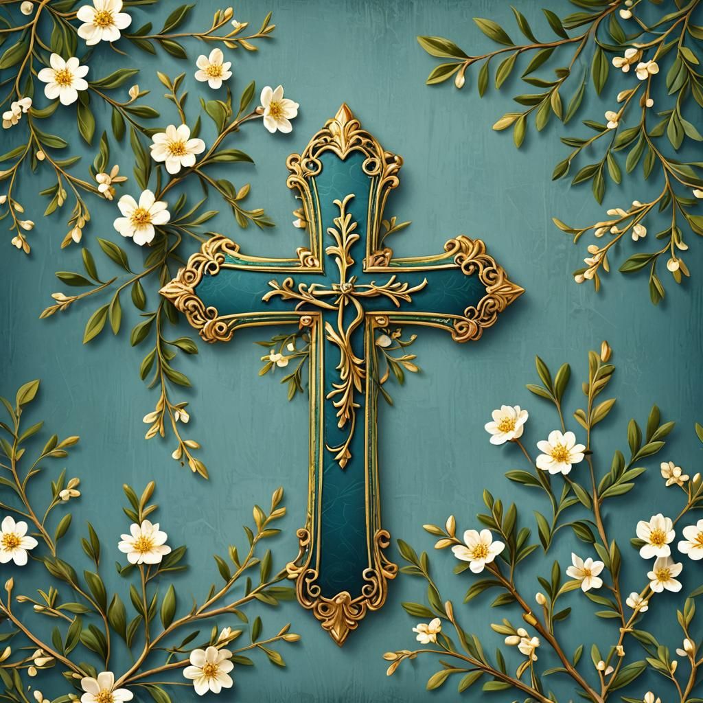 Blue Banner with Green Antique Golden Cross