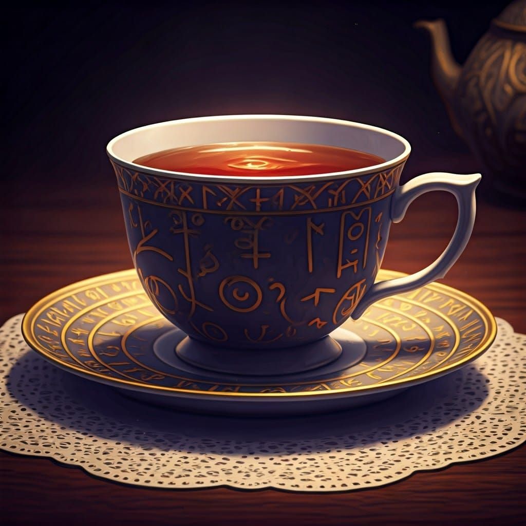 Mystical Teacup with Runes in Manga Style