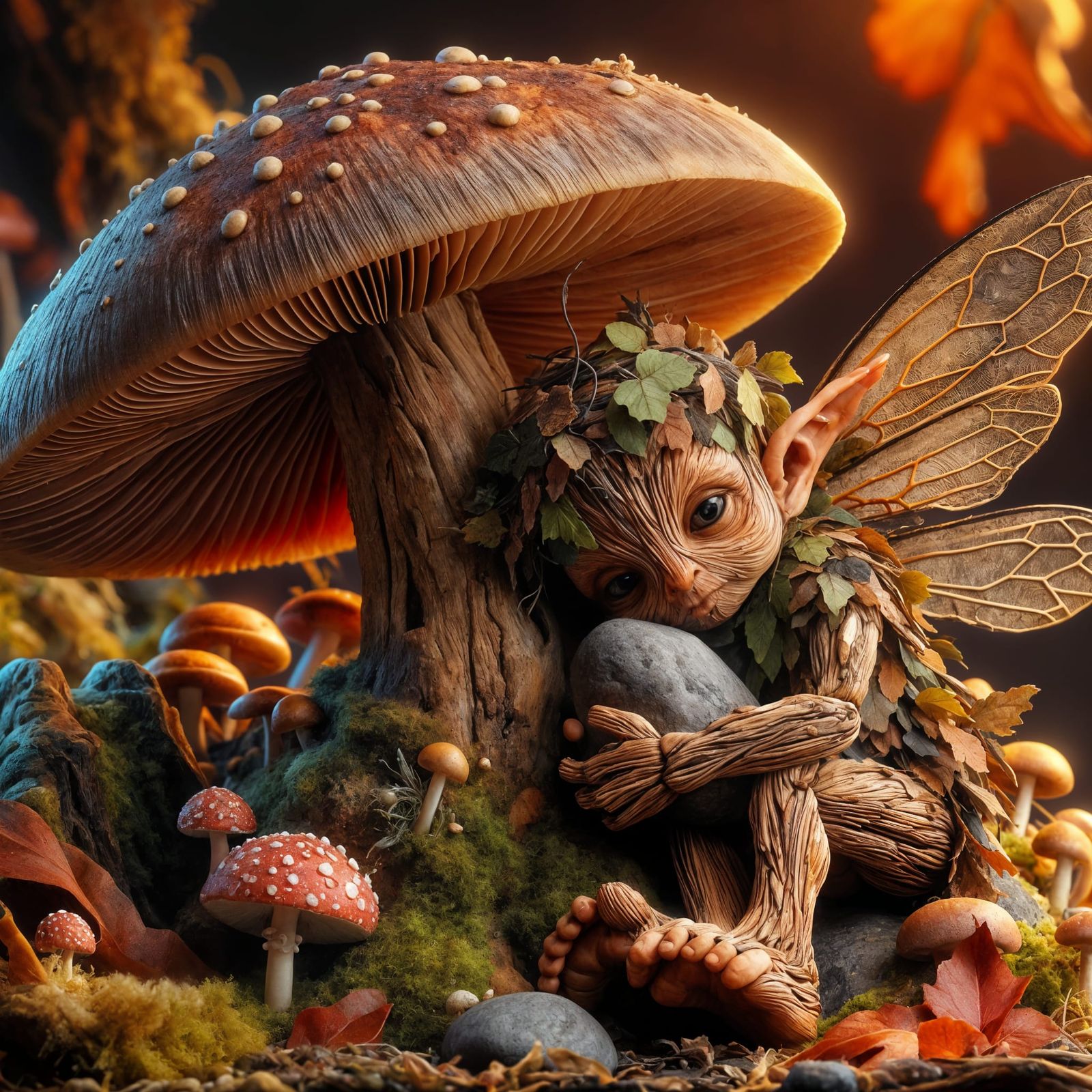 Introspective Tree Fairy Resting Under Mushroom in Hyperreal...