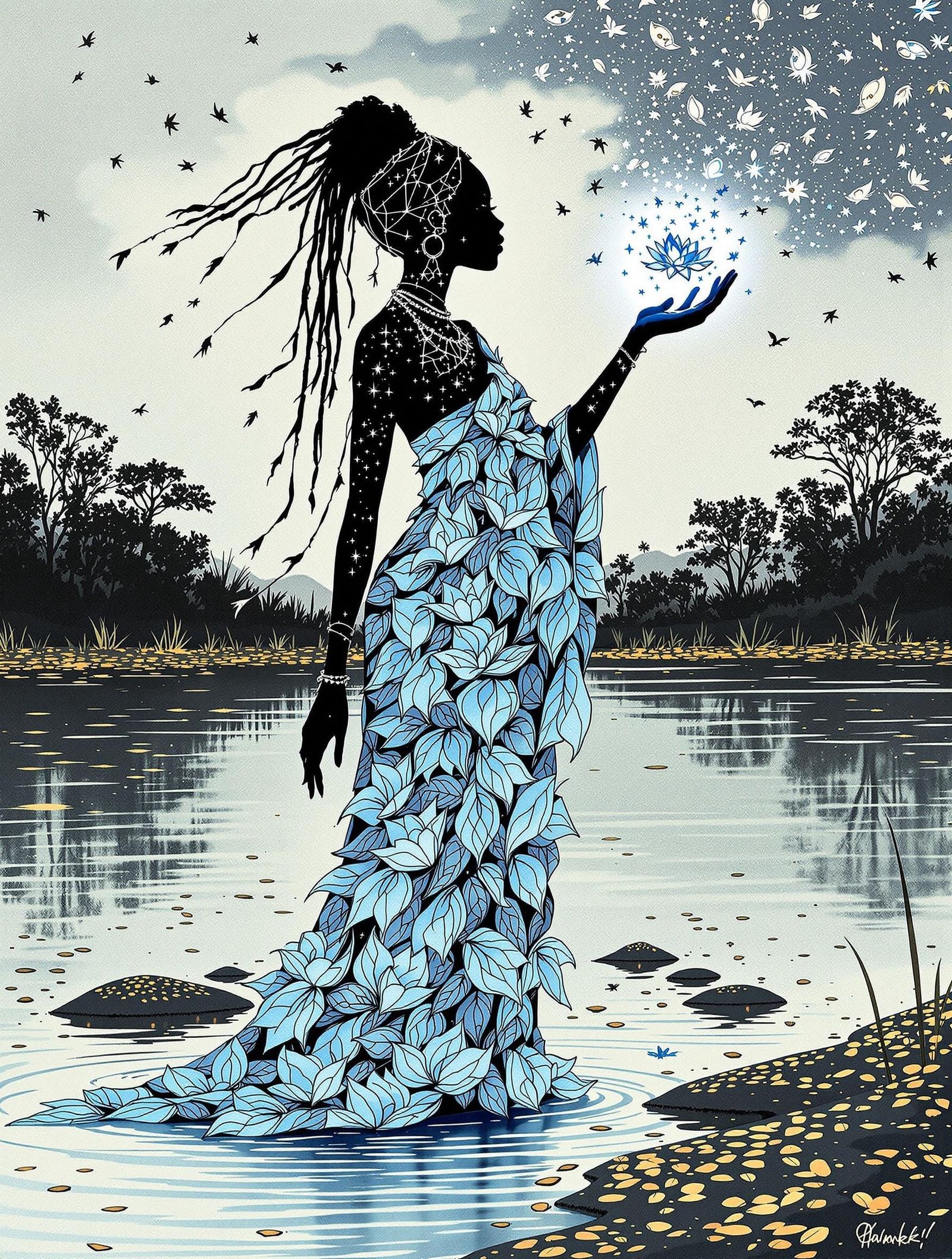 Mystical East African Witch Reaches for Cosmic Blooms