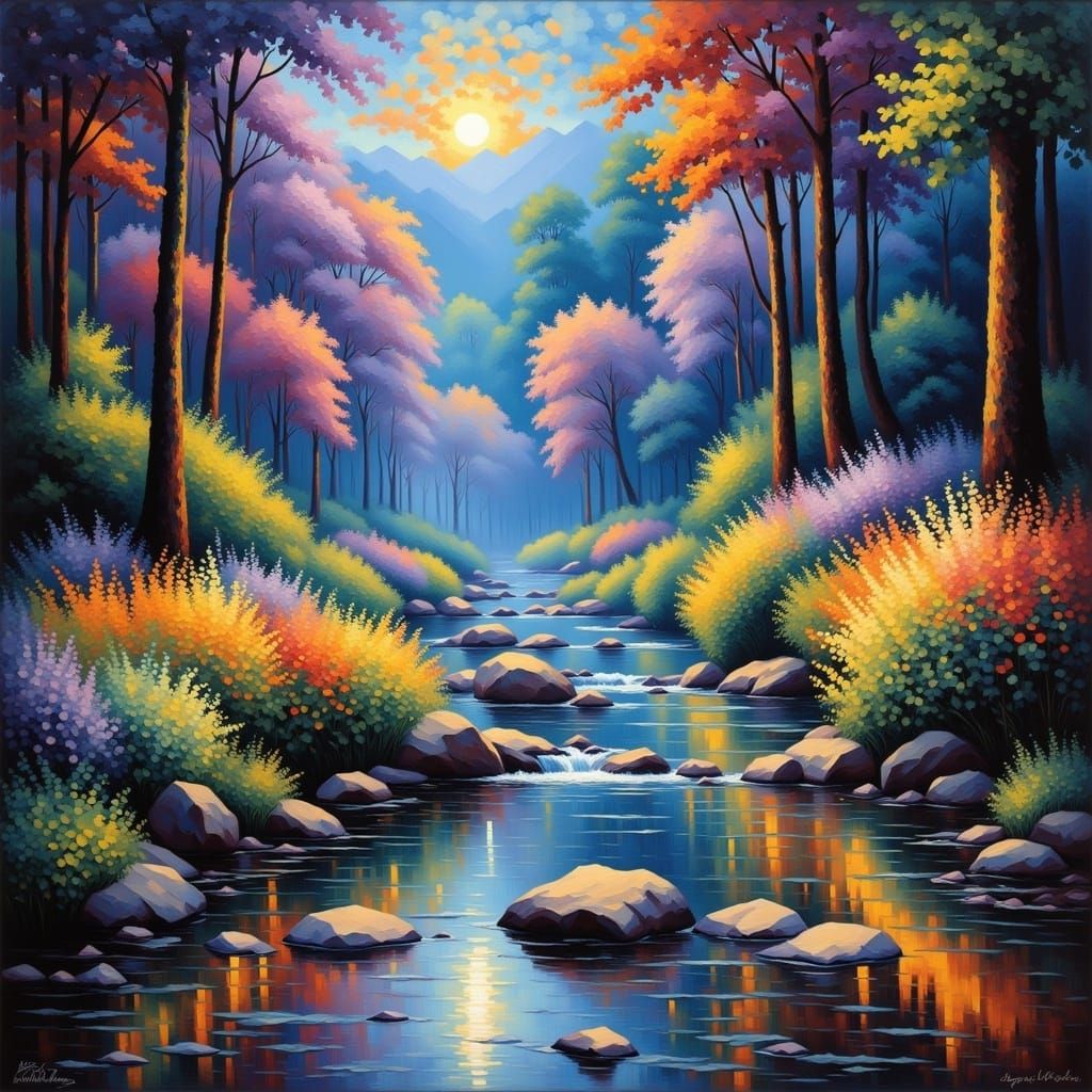 Creek Flowing Through Evening Forest in Purple and Orange