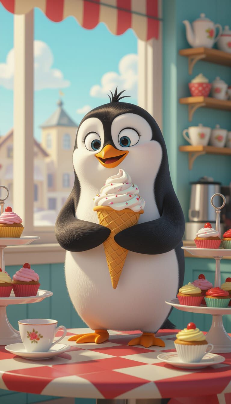 Penguin and Ice Cream in 3D Cartoon Style