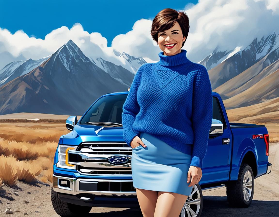 Beautiful Caucasian Woman Stands Near a Blue Ford F-150 in a...