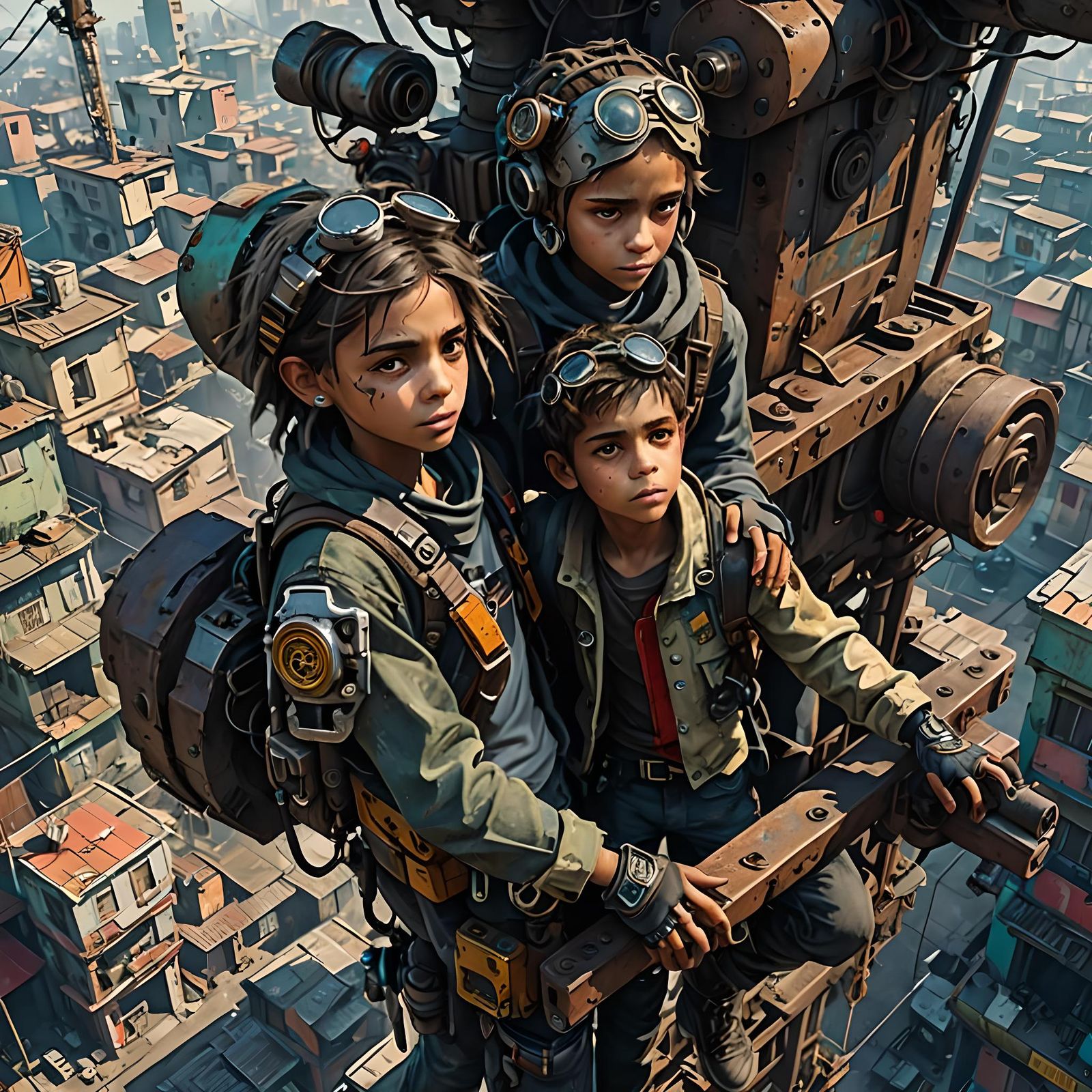 Cyberpunk Urchins Climb Derelict Crane