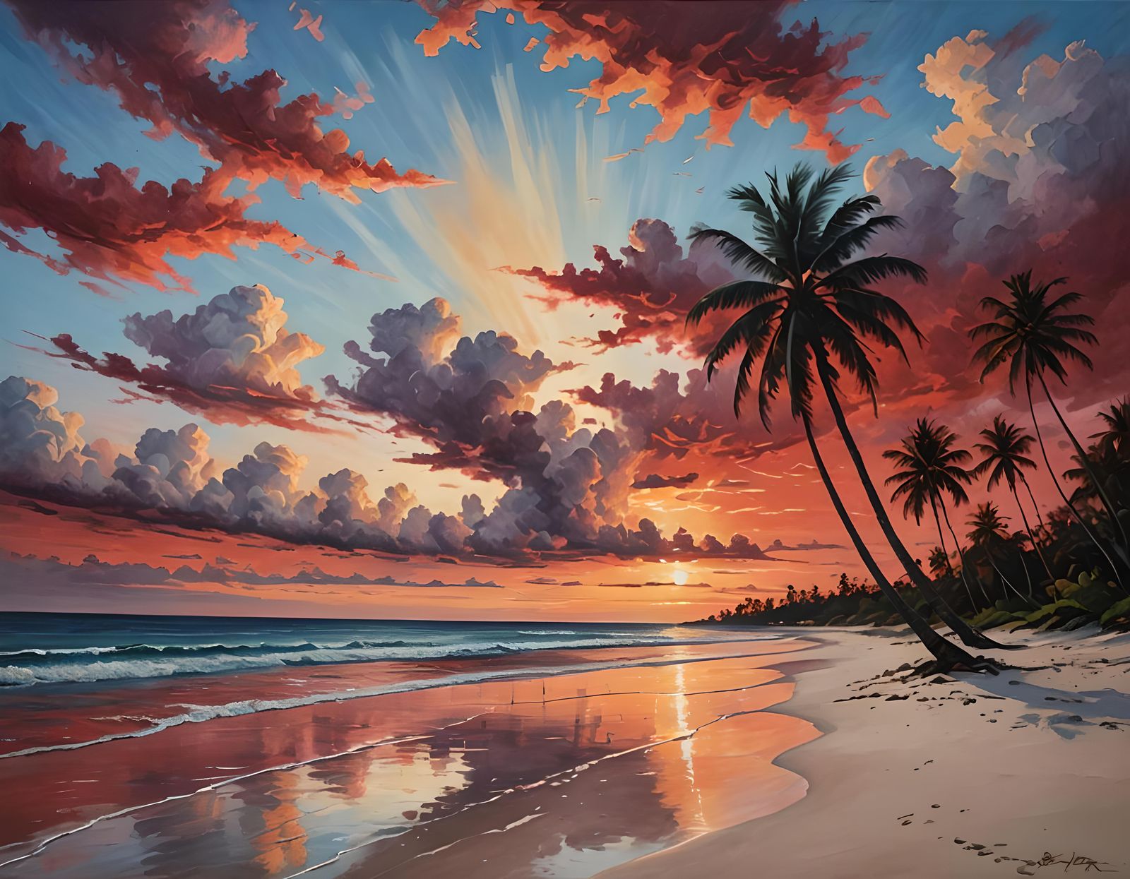 Majestic Sunset at Tropical Beach as Oil Painting