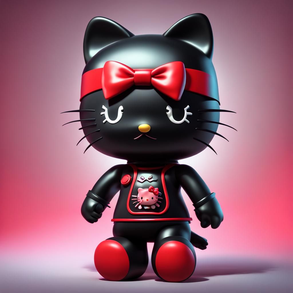 Goth Hello Kitty in Red and Black: 3D Digital Art
