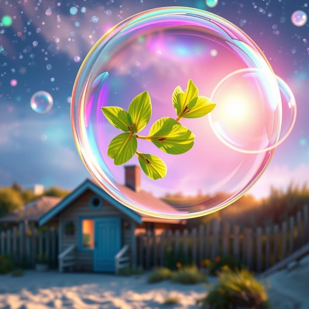 Cosmic Astral Illustration of Green Petals in Colorful Bubbl...