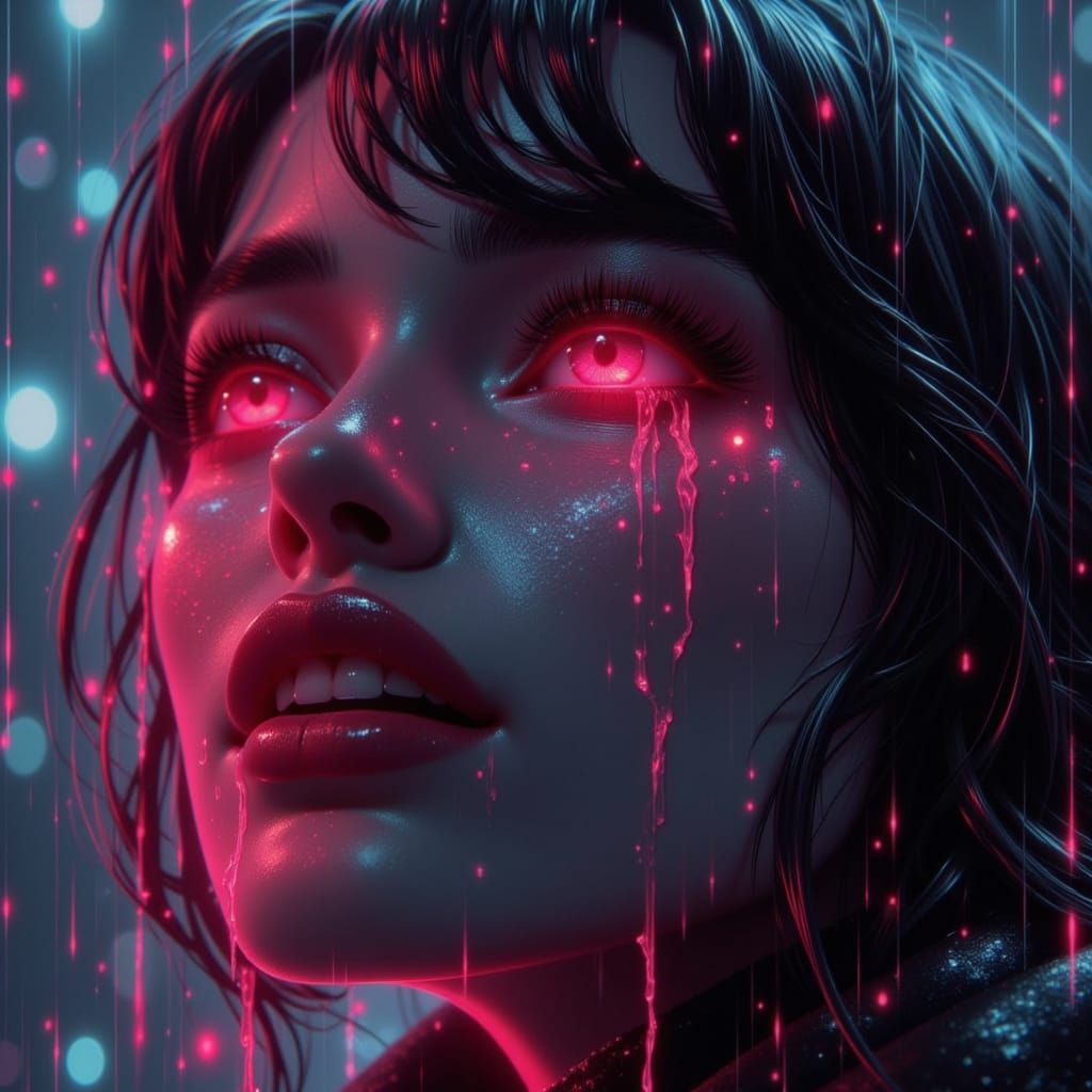 Cyborg Woman Cries Joyful Tears in Neon Rainstorm