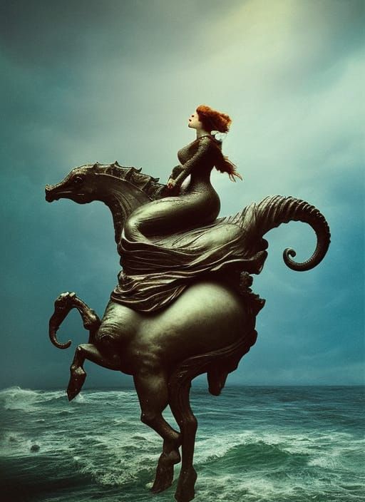 Victorian Woman Rides Seahorse in Surreal Undersea Scene