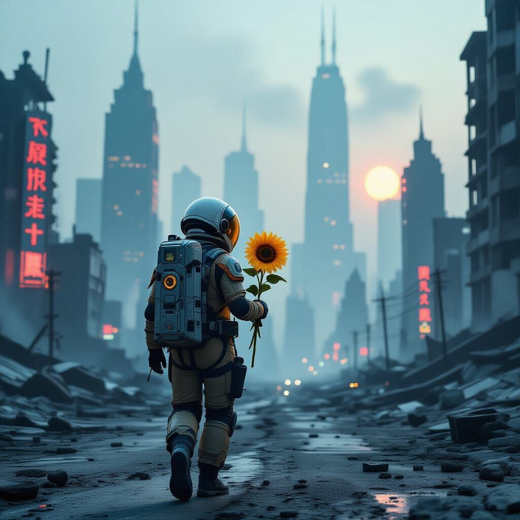 Steampunk Astronaut Walks Through Dystopian City