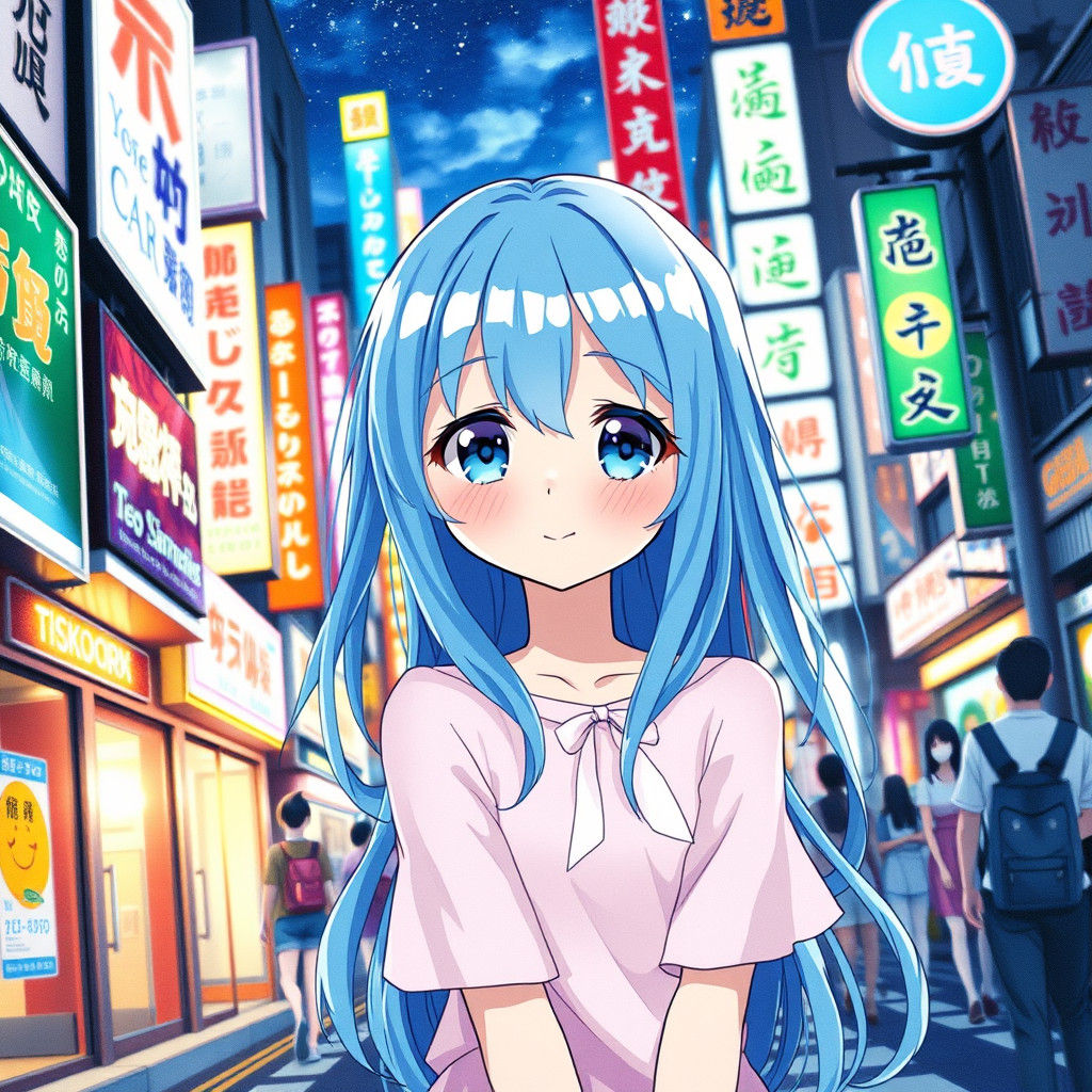 Anime Girl in Tokyo Street Scene, Watercolor Style