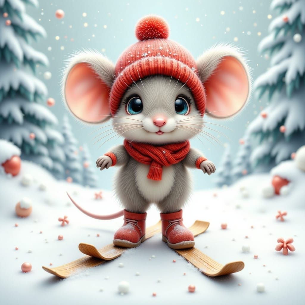 Adorable Mouse on Skis in Winter Snowsuit