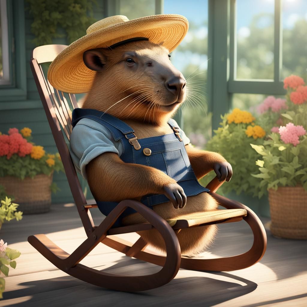 Capybara Portrait on Sunny Porch, Hyperdetailed Art