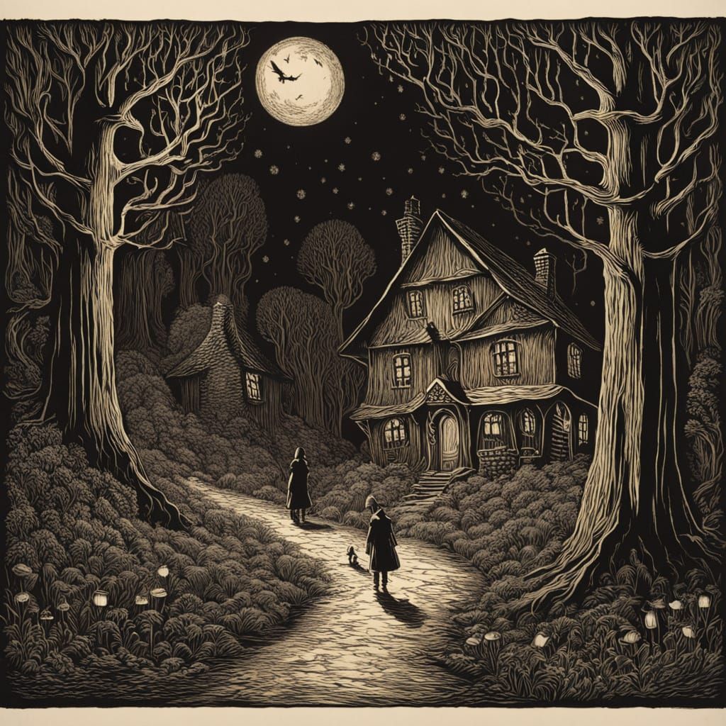 Hansel and Gretel Approach Candy House in Gothic Forest