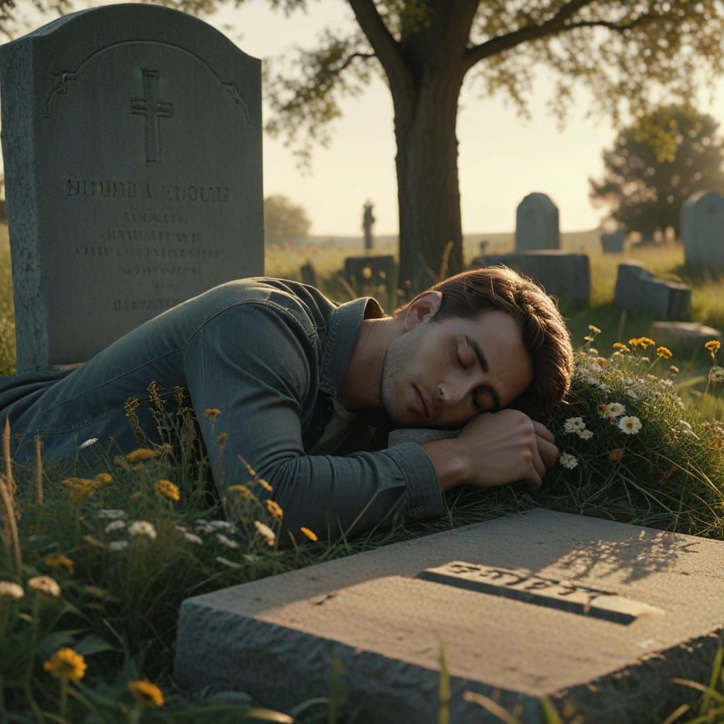 Young Man Reflects at Father's Grave in Golden Hour