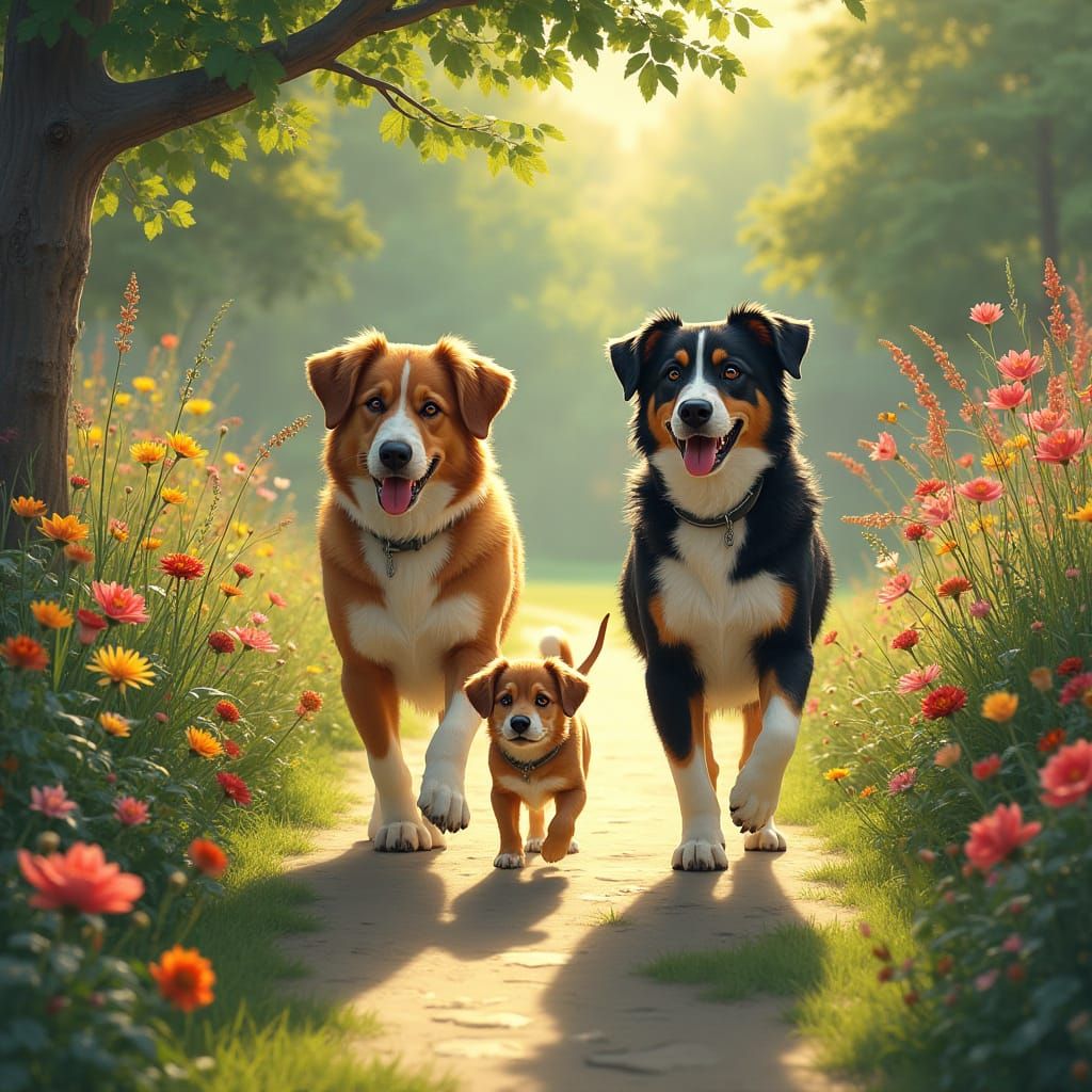Dog Family Stroll in Lush Realistic Garden
