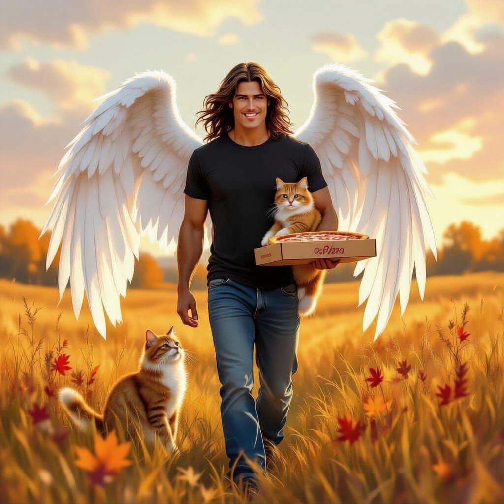 Angel with Cat and Pizza in Autumn Field