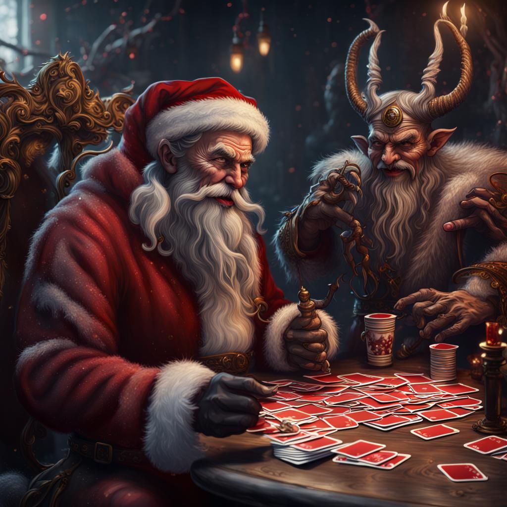 Santa and Krampus Play Cards: Fantasy Concept Art