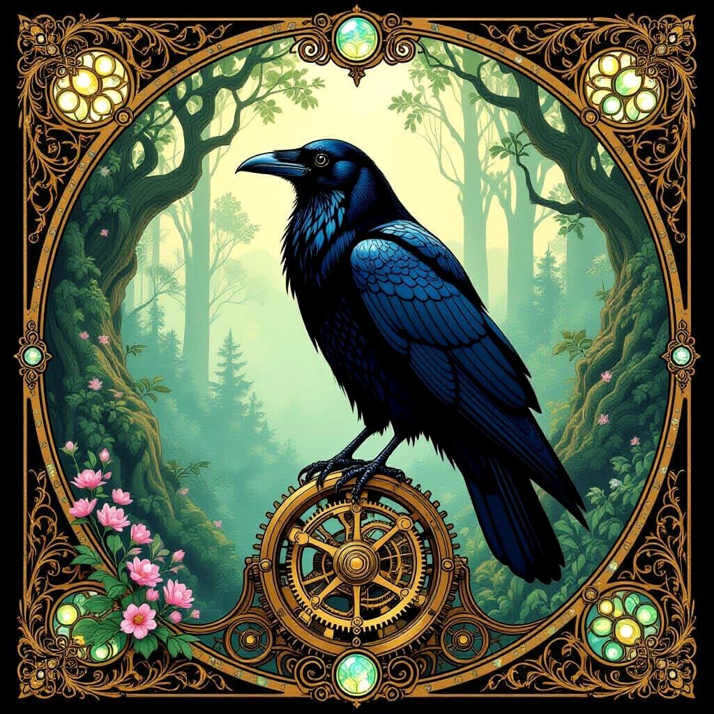Art Nouveau Raven on Brass Automaton in Enchanted Forest