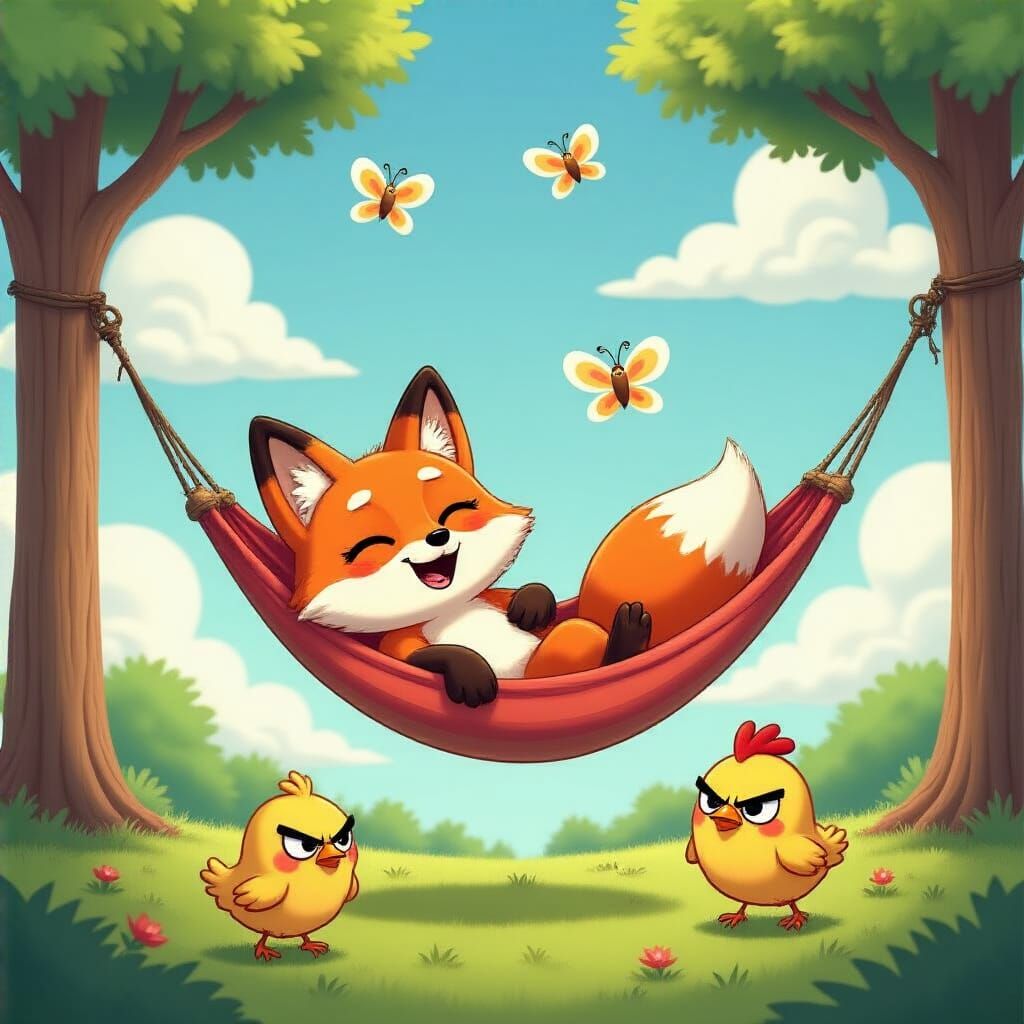 Cartoon Fox Relaxing in Hammock on Sunny Day