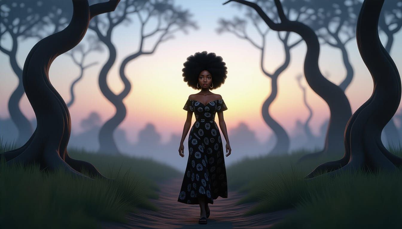 African Woman Hesitates in Dark Misty Forest