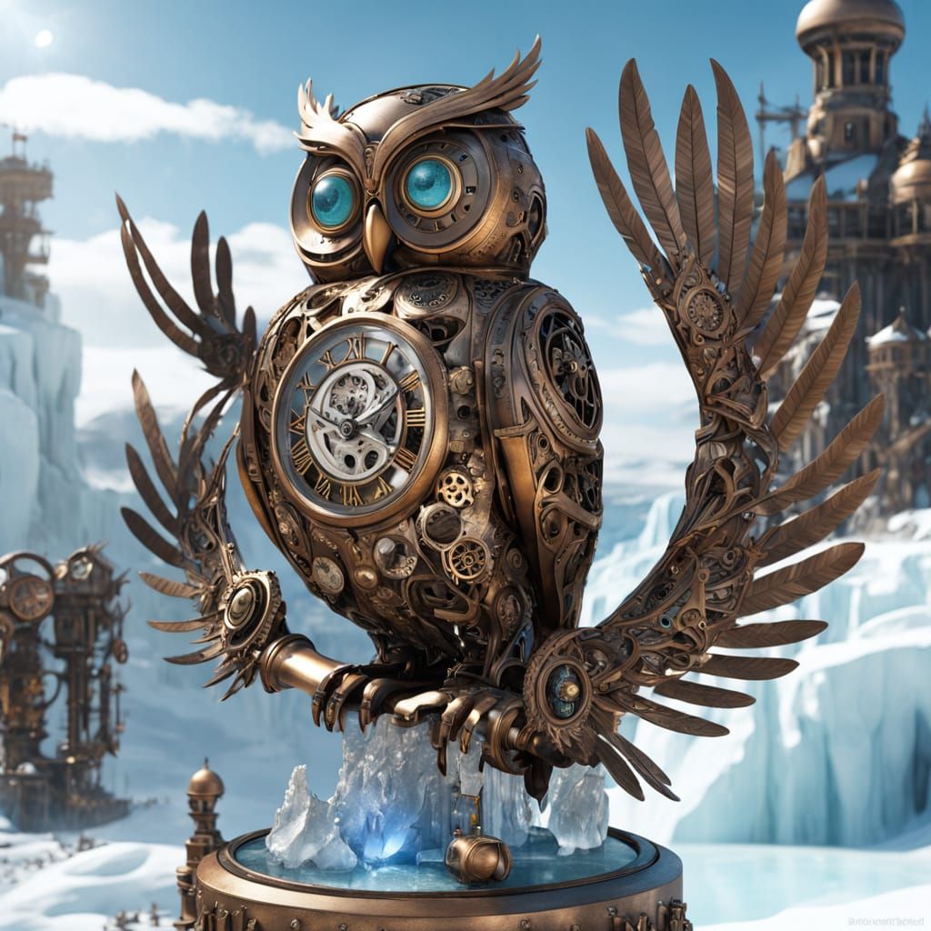 Steampunk Masterpiece: Clockwork Owl on Melting Glacier
