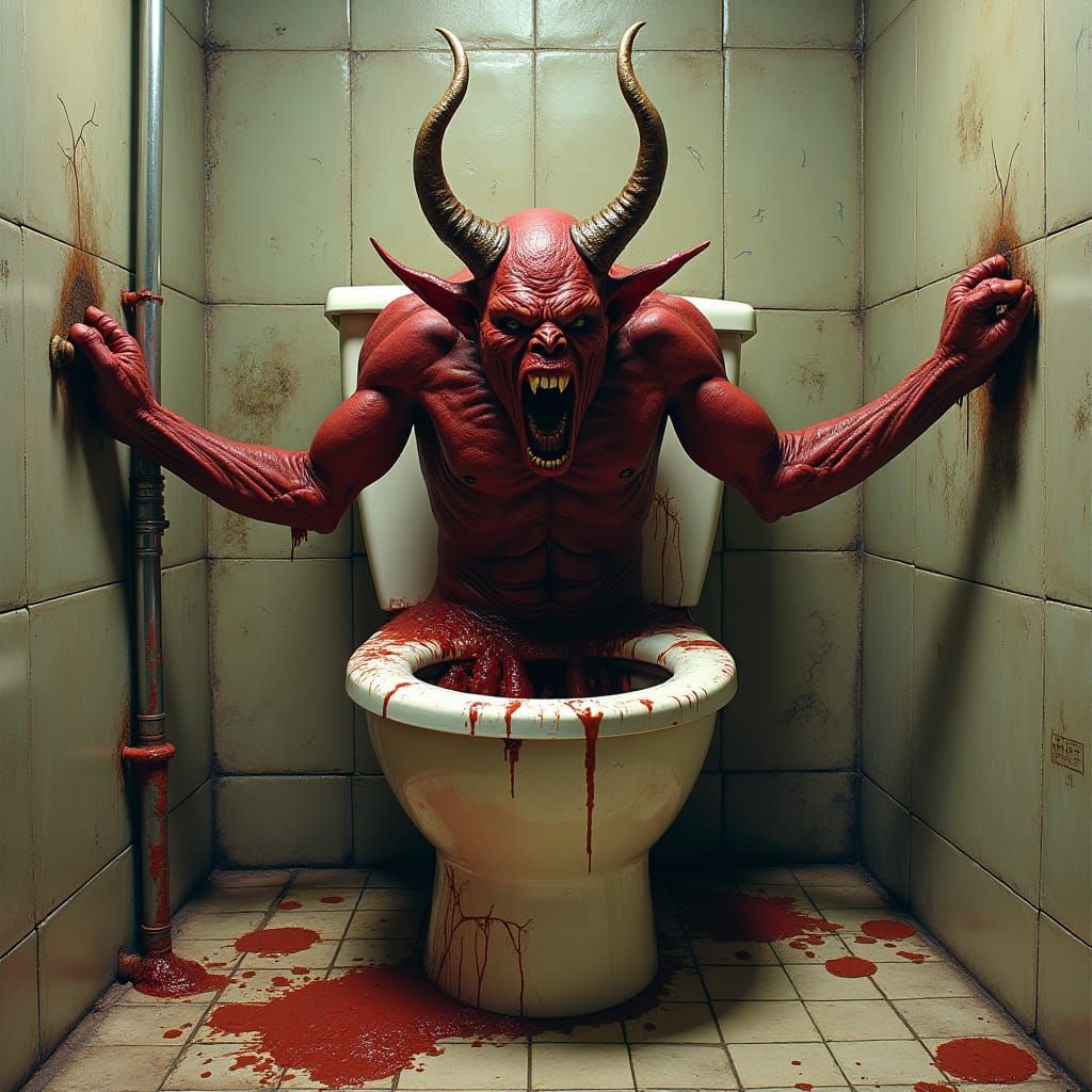 Grotesque Demon Emerges from Grimy Toilet