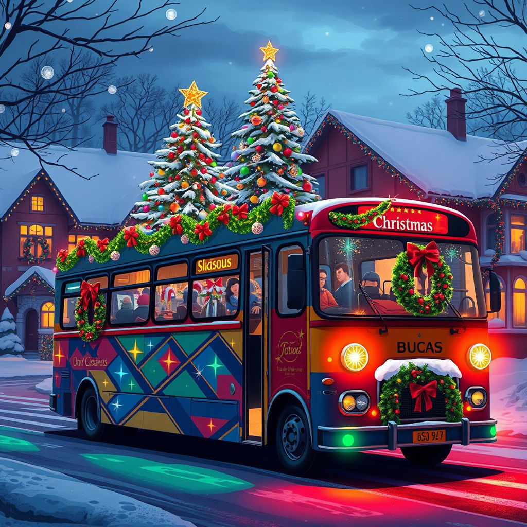 Vibrant Christmas Bus Under Starry Snowy Skies