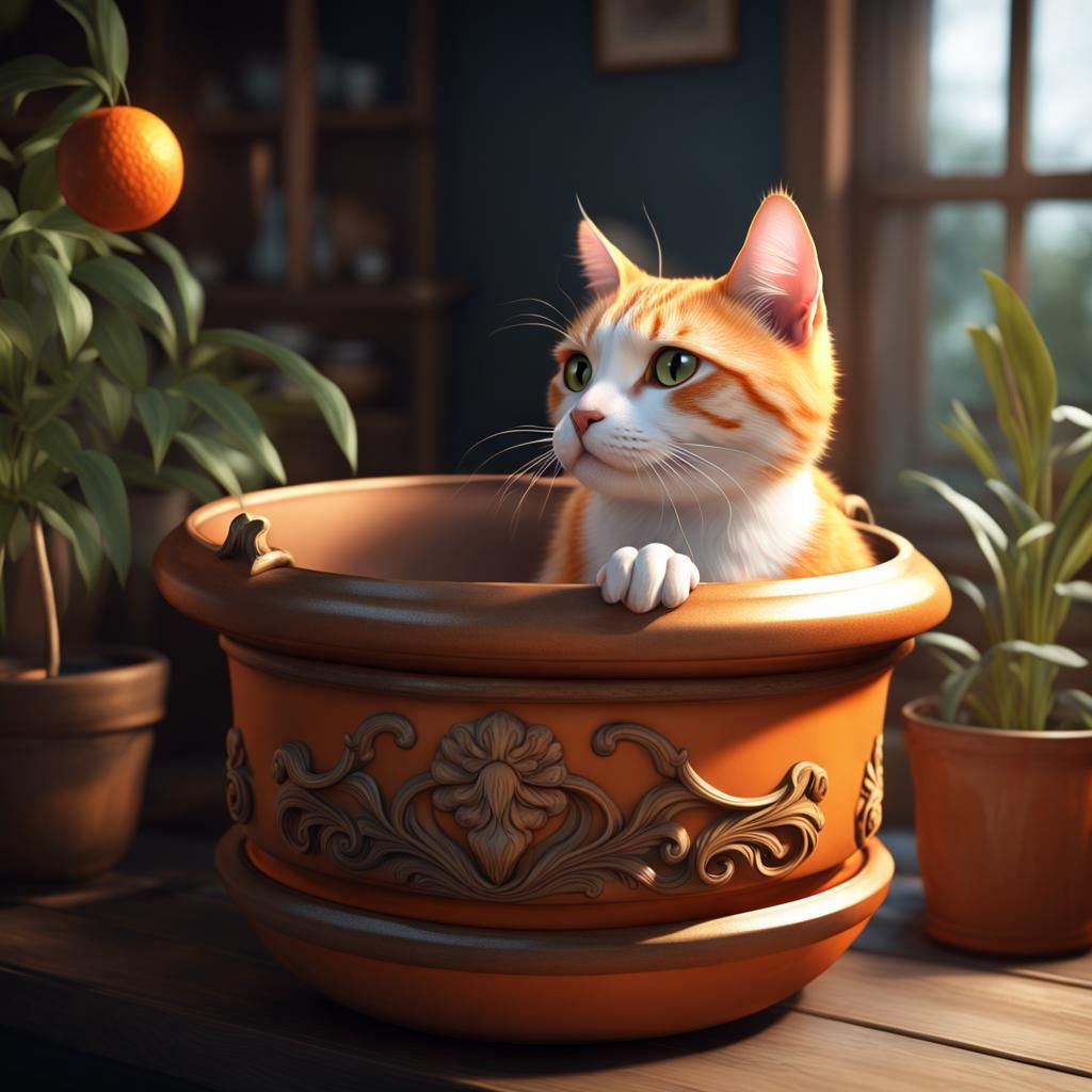 Orange Cat Peeking: Detailed Digital Painting