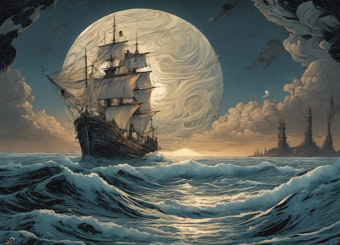 Intricate Ship in a Bottle on Moonlit Ocean