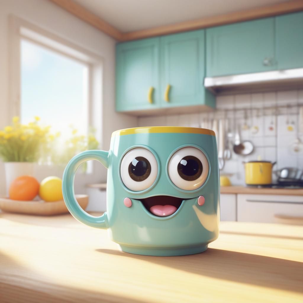 Adorable Googly-Eyed Mug in Vaporwave CGI Style
