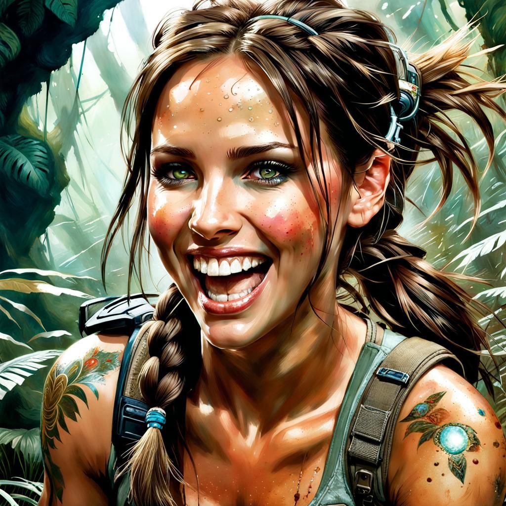 Lara Croft laughing out loud
