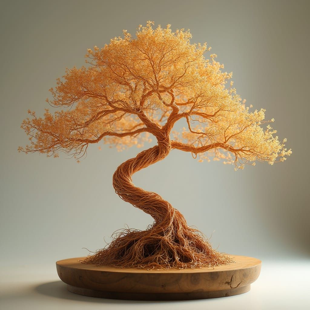 Golden Copper Wire Bonsai Tree Digital Art