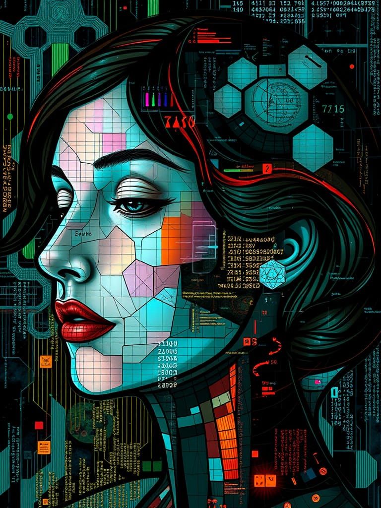 Fractal Stained Glass Female Head in Glitch Photography Styl...