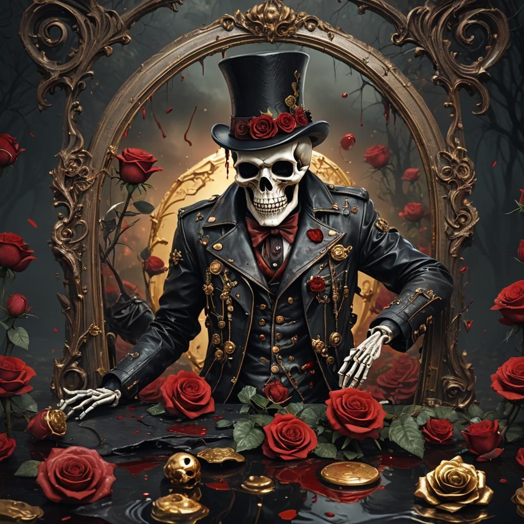 Creepy Skeleton in Blood River with Roses