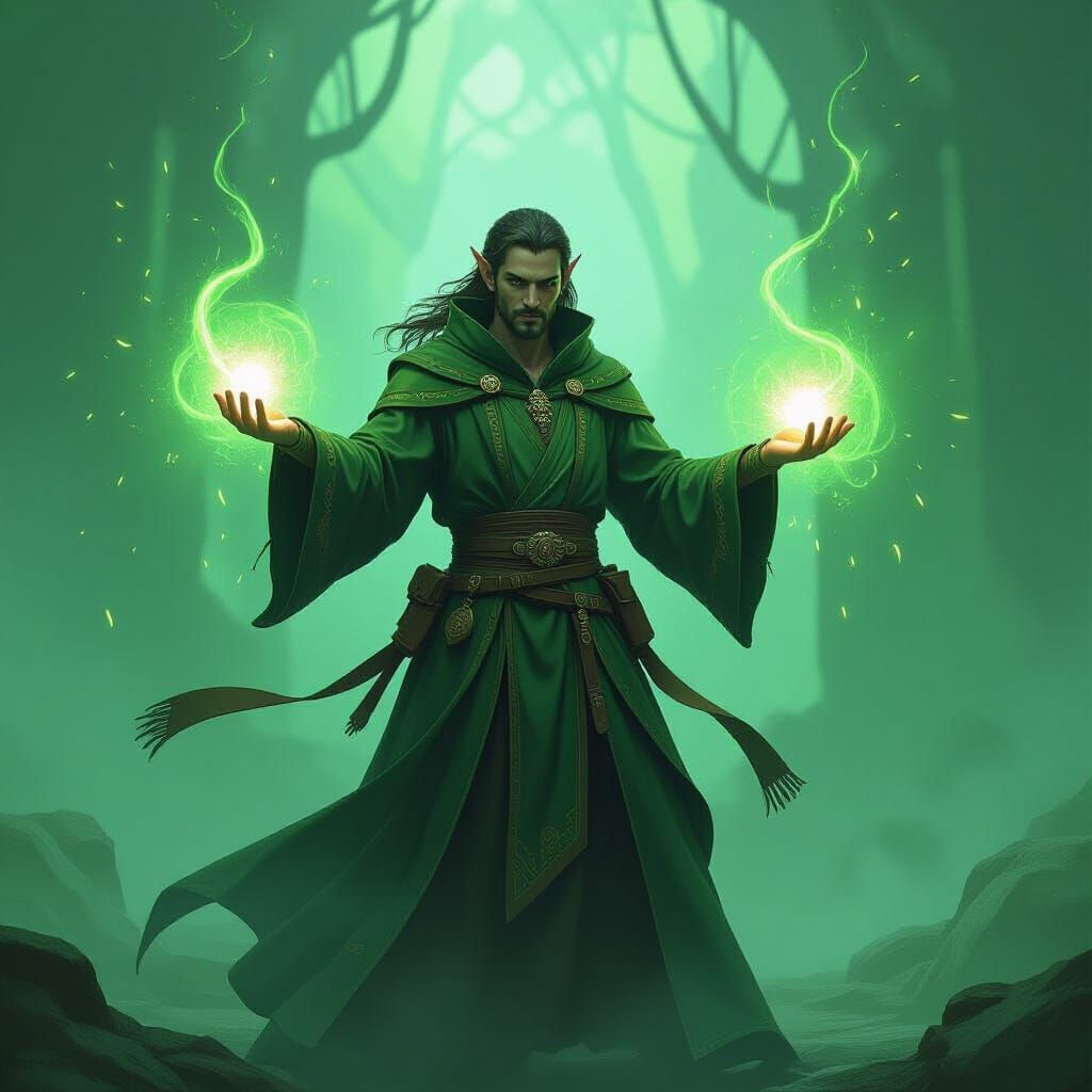 male wood elf wizard, summoning magical energy of life to smite his foes. Motes of green lights, diffused lighting with ...