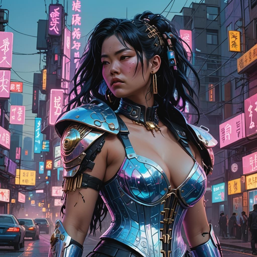 Cyberpunk Plus-Size Woman with Holographic Corset