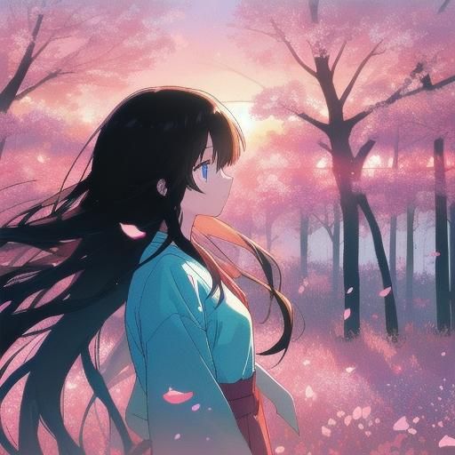 Anime Girl in Forest with Cherry Blossoms